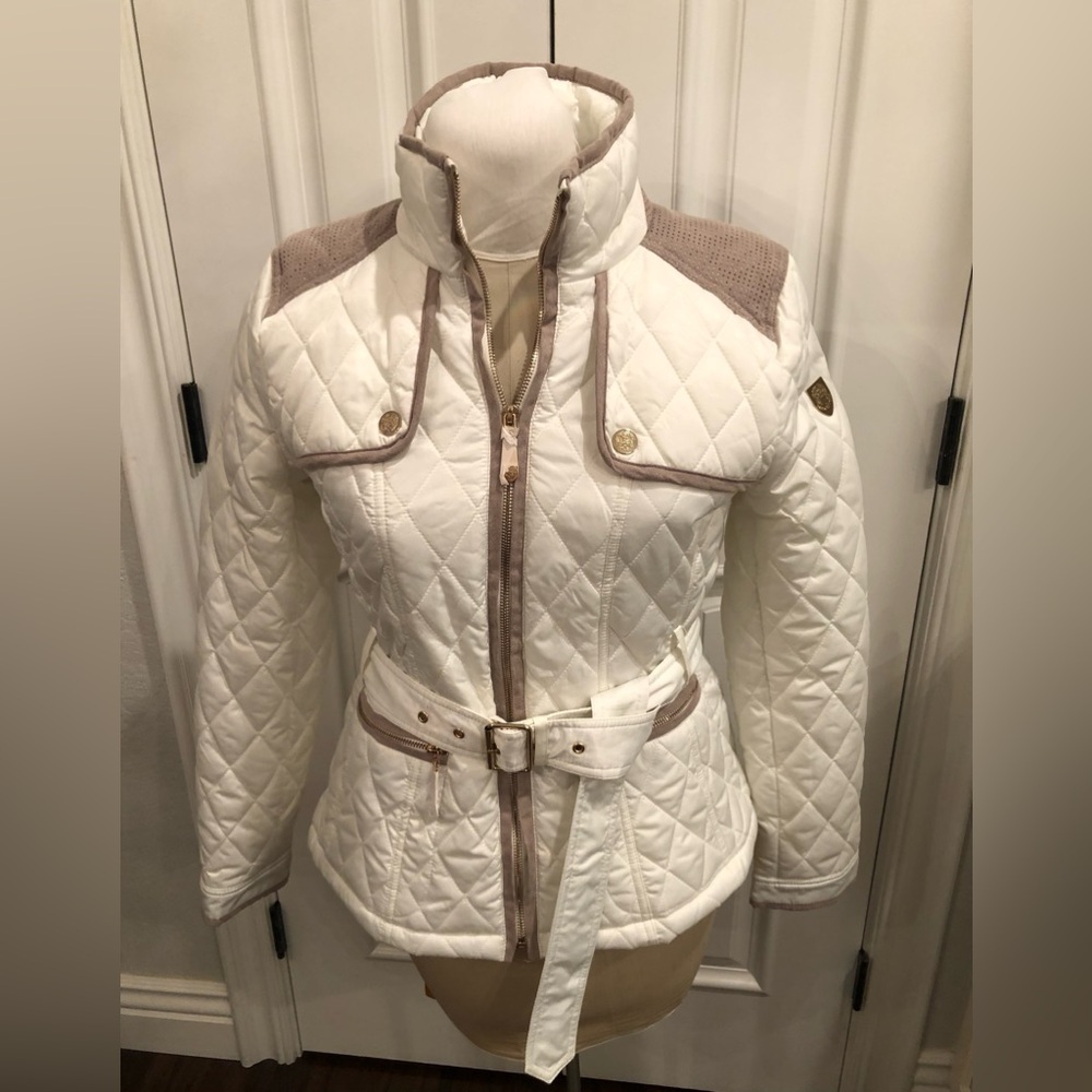 New Vince Camuto Ivory Quilted Jacket Size M Cream With Faux Tan Suede Accents